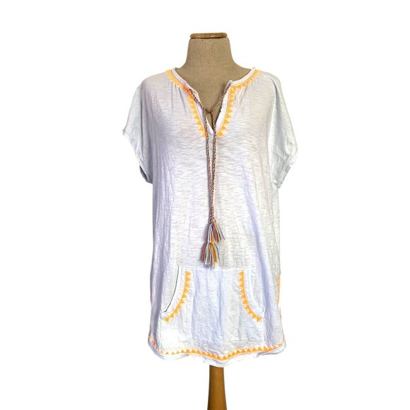 Lisa Todd Womens Large White Tunic With Neon Orange Embroidered Accents - Picture 1 of 6